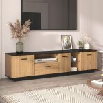 Meuble tv led rgb 15 couleurs - 3 portes 1 tiroir et 2 cases ouvertes en verre - design bois naturel ...