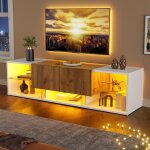 Meuble tv avec led et verre rangement meuble de salon 160x40x42 cm avec 2 tiroirs et 5 �tag�res ouvertes ...