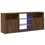 Meuble tv avec led - vidaxl - ch�ne marron - 120x30x50 cm - bois ding�nierie - verre tremp� - �clairage ...