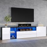 Meuble tv - lowboard led haute brillance - avec 2 tiroirs et 2 armoires - pissure noir et blanc - 180x40x45cm ...