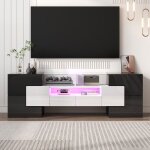 Meuble tv maisentiel 170x30x39 cm laqu� noir avec pieds blancs design contrast� et grand rangement