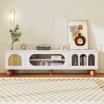 Meuble tv maisentiel 174 cm blanc laqu� poign�es et pieds dor�s bords arrondis design moderne