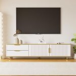 Meuble tv maisentiel 180x38x45 cm blanc laqu� accents dor�s et bande led changeante 3 tiroirs