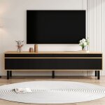Meuble tv maisentiel 180x38x50 cm noir et bois panneaux ondul�s d�coratifs 2 portes et 3 tiroirs