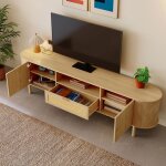Meuble tv maisentiel noir laqu� - mdf 170x35x46 cm 4 portes accents dor�s design moderne charni�res soft ...