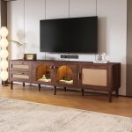 Meuble tv marron pour tv 80 avec tiroirs en rotinportes cintr�es en verre et rotin�clairage ledespace ...