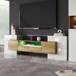 Meuble tv banc tv - avec eclairage led et plateau en verre aspect bois 200 x 30 x 607cm