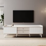 Meuble tv moderne 160 cm bois et blanc avec 2 portes coulissantes et 2 tiroirs ? design scandinave avec ...