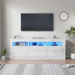 Meuble tv moderne 160 cm avec clairage led - blanc brillant 3 espaces ouverts 2 portes & 2 tiroirs pour ...