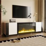 Meuble tv moderne 165x55x32 cm chemin�e �lectrique effet flamme sans chauffage 2 portes blanc + noir