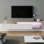 Meuble tv blanc �l�gant meuble tv bas espace de rangement pratique aspect bois �tag�res en verre �clairage ...