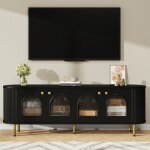 Meuble tv moderne 4 portes vitres 2 compartiments rangement meuble de salon poigne dore 170x35x55cm ...