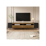 Meuble tv - lemonbest - lowboard 180 cm - noir et bois - 2 portes - �tag�res lat�rales ouvertes