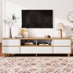 Meuble tv de salon en blanc et bois avec compartiments et portes style rustique naturel 175 x 37 x 51 ...