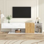 Meuble tv moderne en blanc brillant avec aspect bois et étagères en verremeuble tv avec rangement pratique ... Meuble tv moderne en blanc brillant avec aspect bois et étagères en verremeuble tv avec rangement pratique ...