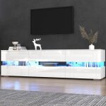 Meuble tv moderne blanc brillant avec �clairage led 2 portes 1 tiroir adapt� � un t�l�viseur de 70 pouces ...