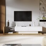 Meuble tv / banc tv moderne - avec etag�res en verre - eclairage led - 2 tiroirs - 170cm - blancbois ...