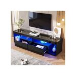 Meuble tv moderne noir laqu� avec �clairage led 160 cm 16 couleurs 2 tiroirs pour t�l�viseur jusqu?� ...