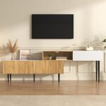 Meuble tv moderne - meuble tv � longueur r�glable design modulaire en 2 pi�ces aspect bois + blanc mat ...