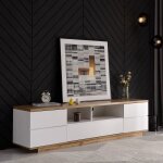 Meuble tv - modernluxe - 180x38x46 cm - 5 portes - effet bois - mdf - blanc + naturel
