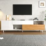 Meuble tv - modernluxe - 180x38x50 cm - 2 portes 1 tiroir - blanc et naturel - pour tv 75 pouces
