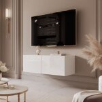 Meuble tv mural angel idohome 100x40x36 cm blanc brillant avec led et 2 portes