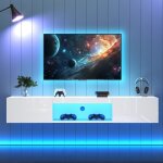 Meuble tv mural blanc brillant 160 * 31 * 22 cm pour tv 70 pouces avec �clairage led commande app bluetooth ...