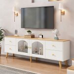 Meuble tv - nalookamic - design vintage et moderne - verre tremp - pieds en bois - blanc et bois