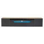 Meuble tv noir&bois 180 cm - 3 compartiments led fixation murale - pour tv 75 - design brillant