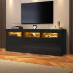 Meuble tv noir haut brillant avec eclairage led 2 portes 2 tiroirs compartiments armoire tv noir#160 ...
