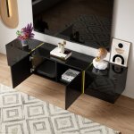 Meuble tv - design moderne - noir laqu - 4 portes - accents dors - pour tv jusqu 49 pouces