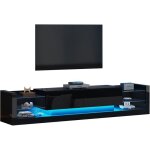 Meuble tv noir avec led meuble tv 180cm longueur avec tiroirs et compartiments banc tv en verre pour ...