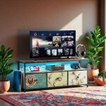 Meuble tv - 137cm - 3 tiroirs color�s - �clairage led - design industriel r�tro