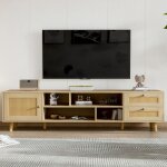 Meuble tv en rotin couleur bois premium 160 cm pour t�l�viseur 70 pouces - gestion des c�bles 2 tiroirs ...