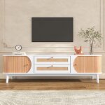 Meuble tv salon 2 portes 2 tiroirs avec rotin style naturel 170x39. 5x46cm blanc Meuble tv salon 2 portes 2 tiroirs avec rotin style naturel 170x39. 5x46cm blanc