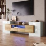 Meuble tv - meuble de salon - 6 portes 2 tiroirs 3 étagères - blanc et bois - l 200 cm Meuble tv - meuble de salon - 6 portes 2 tiroirs 3 étagères - blanc et bois - l 200 cm