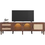 Meuble tv de salon avec led - meuble tv bas - table pour tv de 200cm - 2 tiroirs en rotin2 portes en ...