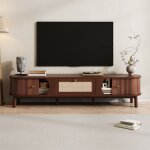 Meuble tv style naturel - portes bois bambou et tiroirs rotin structure bois massif noyer rustique170x39. ...