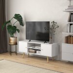 Meuble tv style scandinave 2 portes 2 niches passe - fils pi�tement bois pin panneaux blanc - 120 x 34 ...