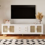 Meuble tv - style vintage - 2 tiroirs 4 portes - rangement rotin - pieds en métal - blanc Meuble tv - style vintage - 2 tiroirs 4 portes - rangement rotin - pieds en métal - blanc