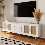 Meuble tv - style vintage - 2 tiroirs 4 portes - rangement rotin - pieds en métal - blanc Meuble tv - style vintage - 2 tiroirs 4 portes - rangement rotin - pieds en métal - blanc