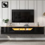 Meuble tv suspendu 180 l x 37 l x 36 h(cm) banc mural avec led finition brillante buffet flottant 3 rangements ...
