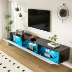 Meuble tv tele noir et blanc meuble tele suspendu longueur 180 cm surface brillante avec �clairage led ...