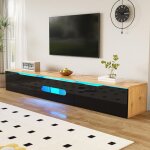 Meuble tv tele noir et bois meuble tele suspendu 180 cm de long surface brillante avec �clairage led ...
