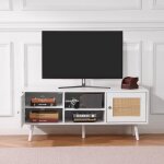 Meuble tv meuble tele en rotin - design contemporain pour tv 55 �tag�res r�glables blanc