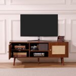 Meuble tv meuble tele en rotin - style boho pour tv 55 �tag�res r�glables noyer