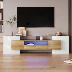 Meuble tv - zubaliya - 200x30x60cm - finition brillante - clairage led - design moderne - blanc et bois ...