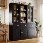 Meuble vitrine salon - buffet haut avec vitrine design et portes vitr�es mdf 140x385x175 cm noir