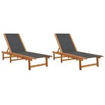 Mgh - neuf chaises longues lot de 2 - bain de soleil noir bois dacacia solide et textil�ne cc266