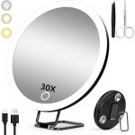 Miroir grossissant 30x avec lumi�re 15cm 3 modes de couleur dimming lumineux de maquillage grand de voyage ...
